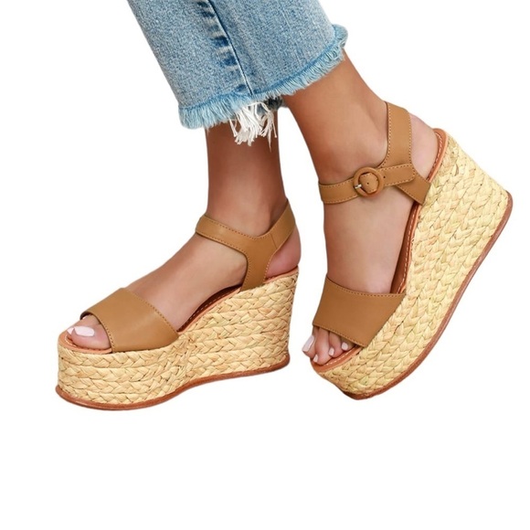 Dolce Vita Shoes - Dolce Vita Dane Raffia Wedge Summer leather platform sandals Tan Caramel Size